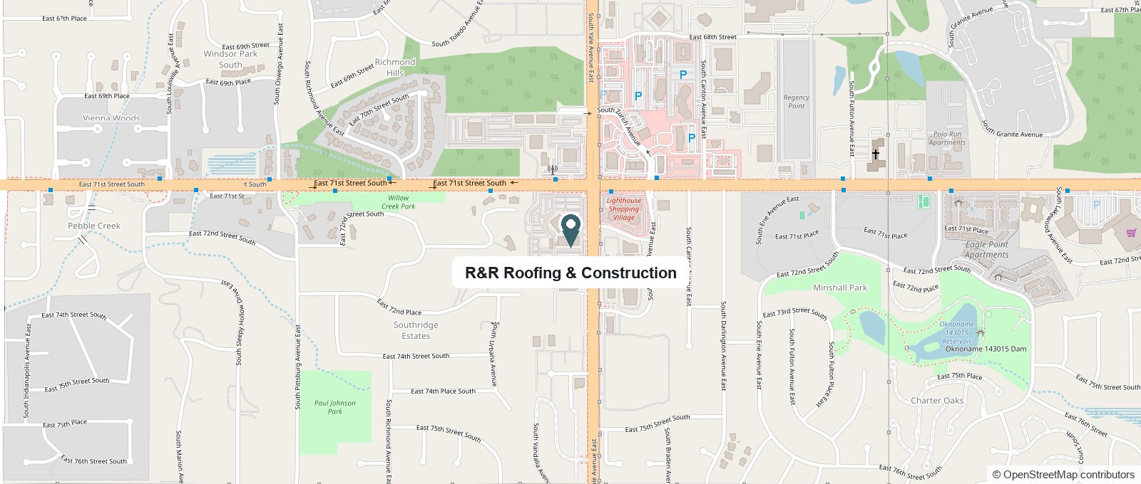 Map showing R&R Roofing & Construction at 7136 S Yale Ave, Suite 300, Tulsa, OK 74136